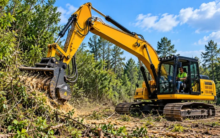 Excavator-mounted land-clearing mulcher working through dense brush on a contractor jobsite.