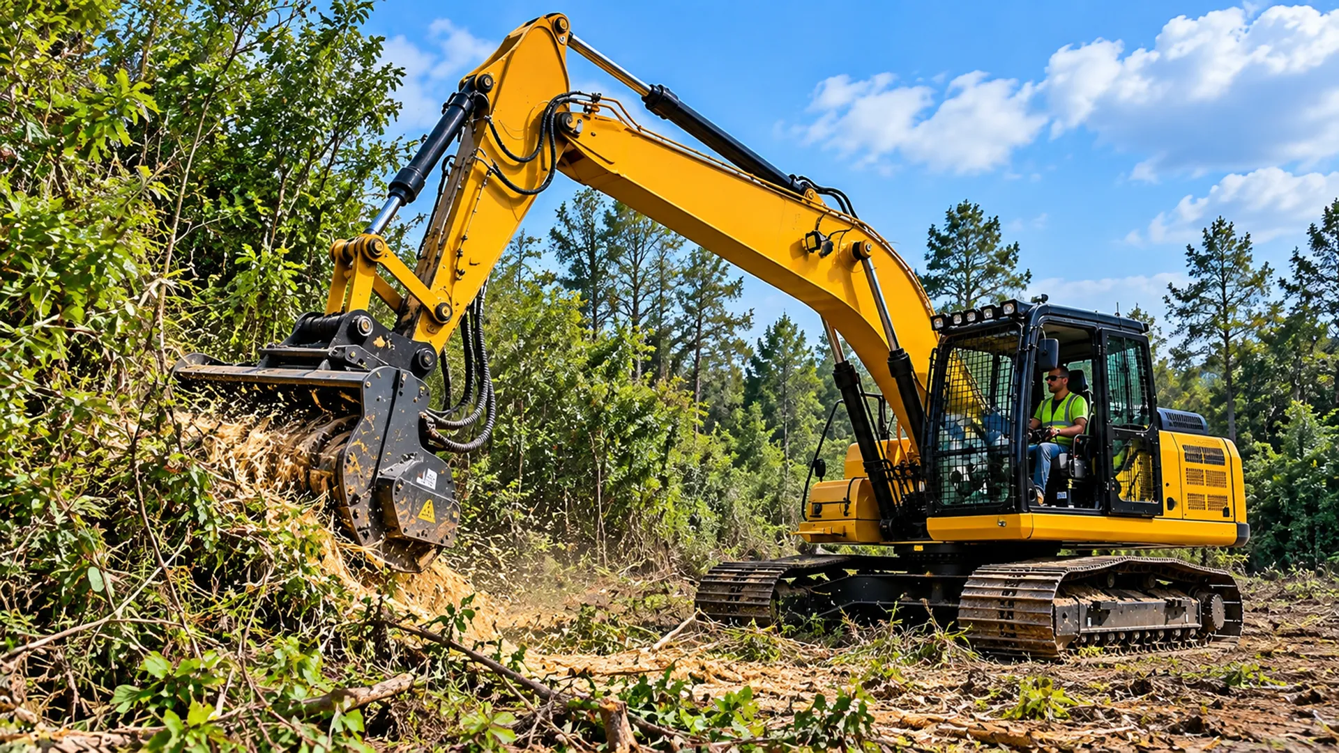 Excavator-mounted land-clearing mulcher working through dense brush on a contractor jobsite.